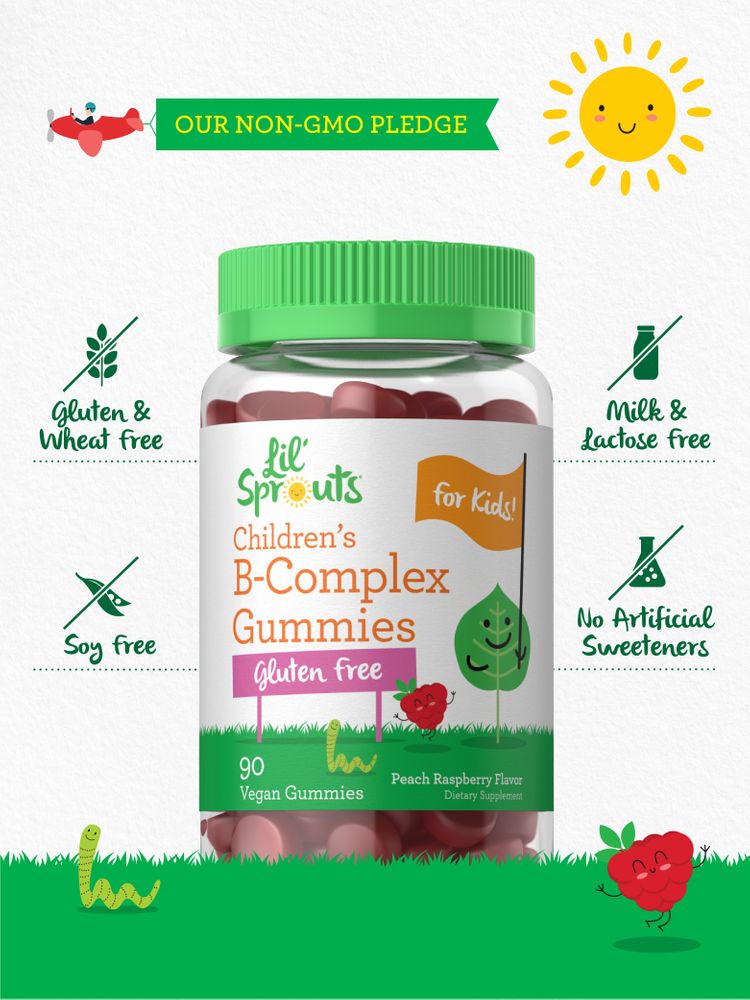 Children's B-Complex Gummies bottle: Non-GMO, Gluten & Wheat Free, Soy Free, Milk & Lactose Free, No Artificial Sweeteners.