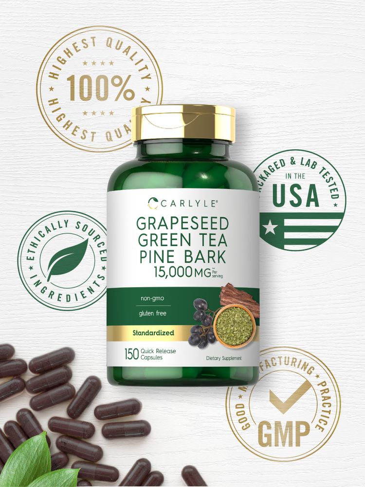 Hand holding dark brown quick release capsules for Carlyle Grapeseed Green Tea Pine Bark, 150 count.