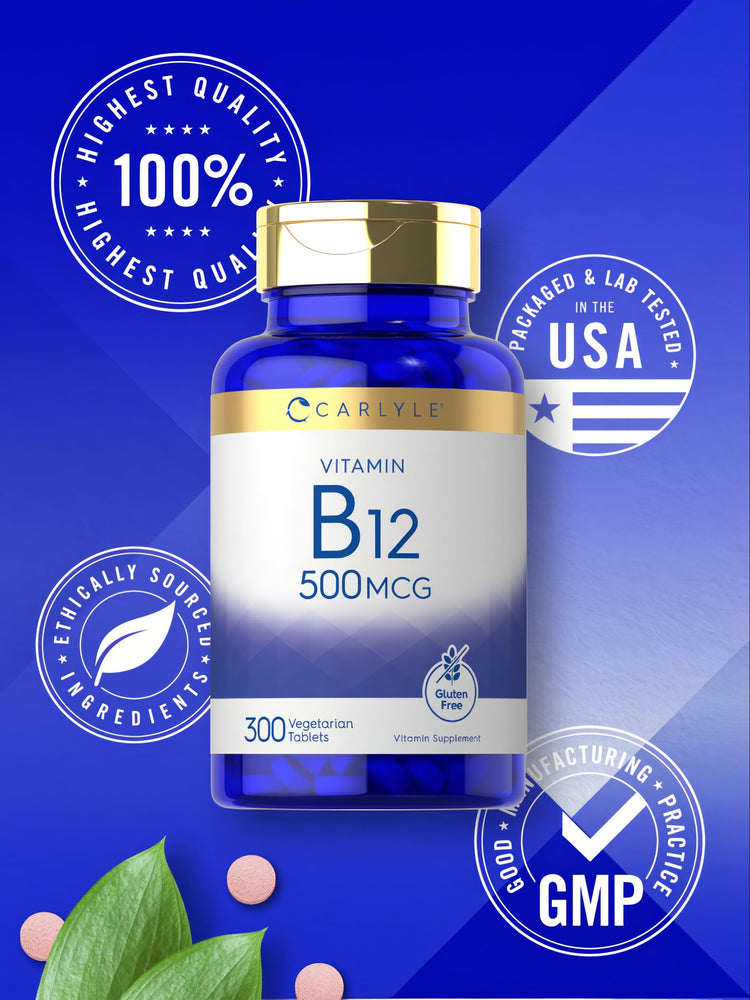 Bottle of pink vegetarian Vitamin B-12 tablets, 500 mcg, containing 300 tablets, shown on a hand scale.