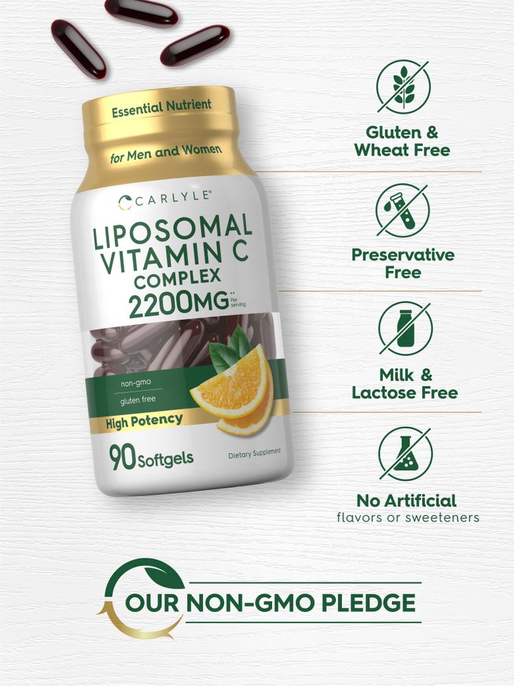 Hand holding dark red, oval Liposomal Vitamin C 2200mg softgels.