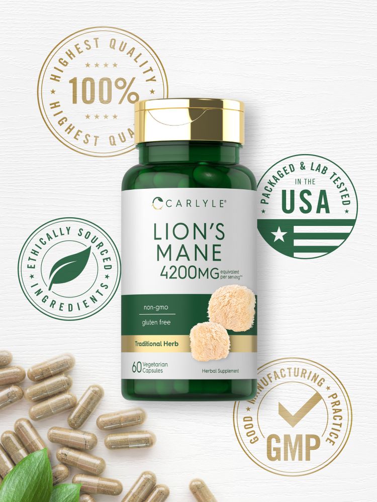 Lion's Mane 4200 mg vegetarian capsules displayed on a white surface.