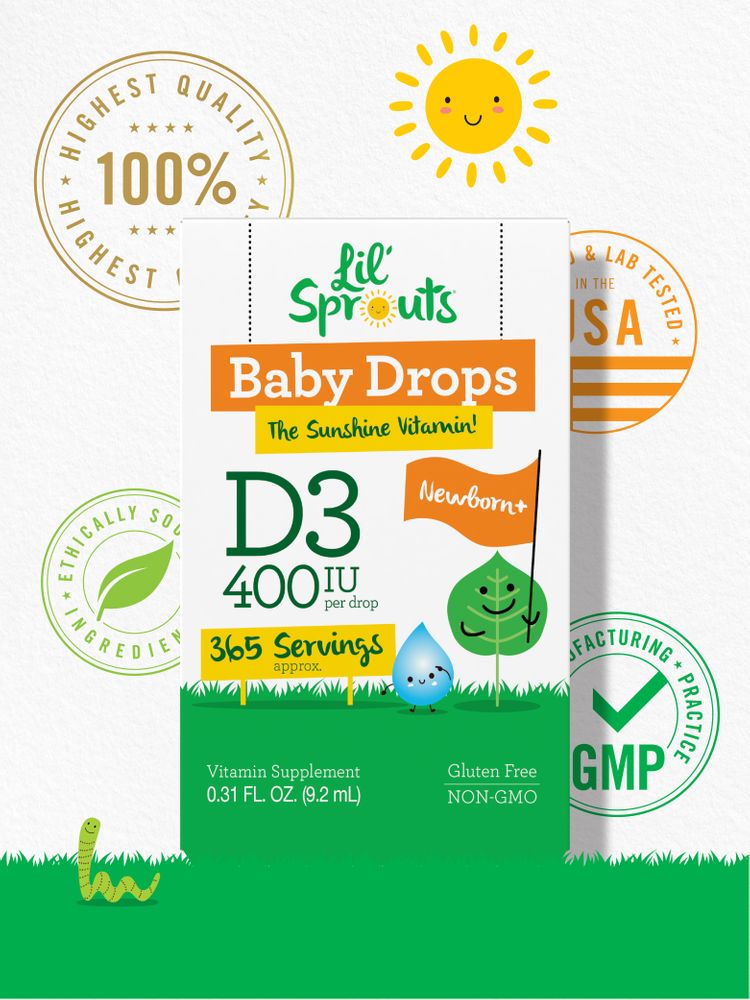 The product is Lil' Sprouts Baby Drops D3 400 IU, measuring 0.31 FL. OZ. (9.2 mL), shown on a hand scale.