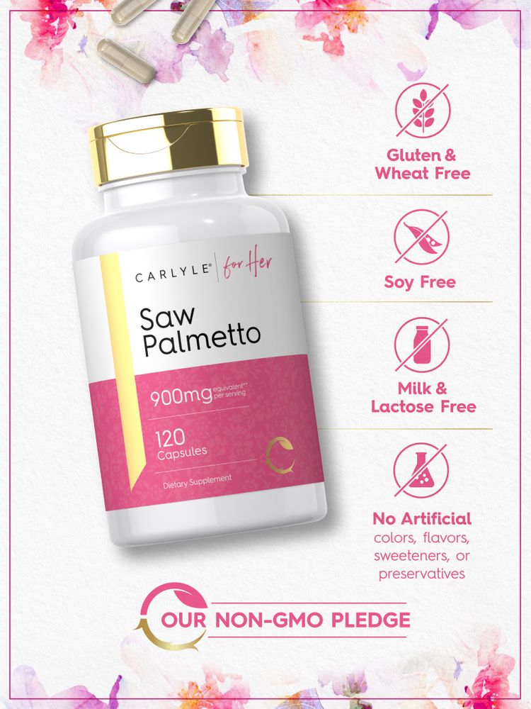 A hand holding multiple beige Saw Palmetto 900mg capsules.