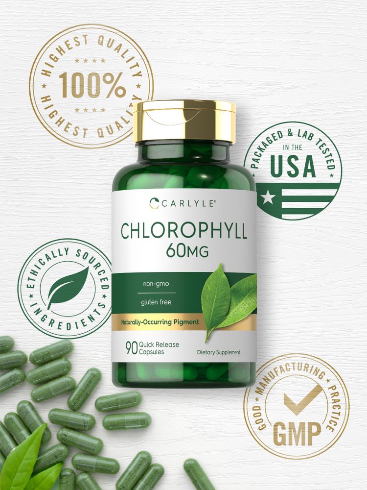 Green chlorophyll 60 mg capsules scattered near a Carlyle product bottle, emphasizing the supplement.