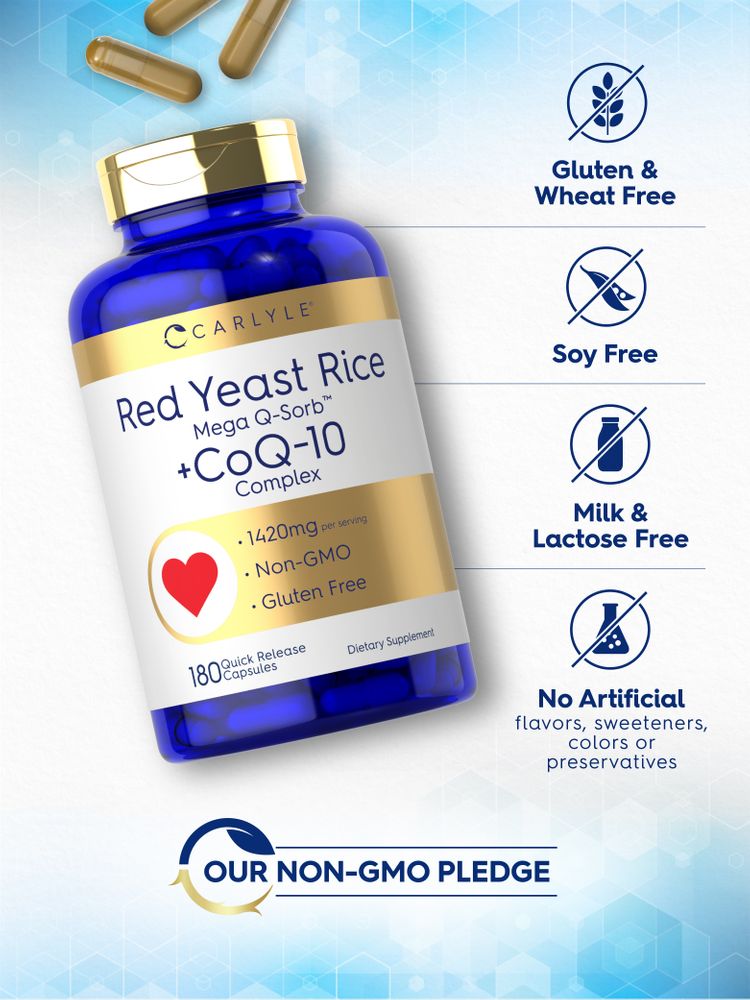 A bulk scale showing loose and bottled 180 Quick Release Capsules of CoQ10 with Red Yeast Rice.