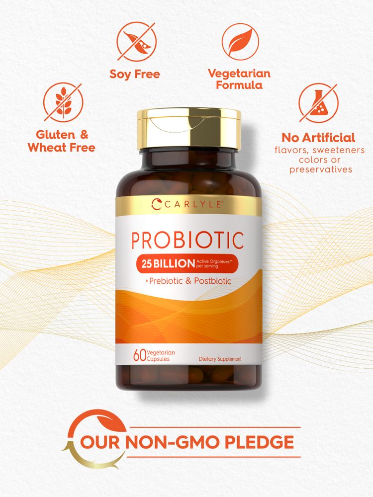 Probiotic bottle: Soy Free, Vegetarian Formula, Gluten & Wheat Free, No Artificial Flavors/Sweeteners/Colors/Preservatives, Our Non-GMO Pledge