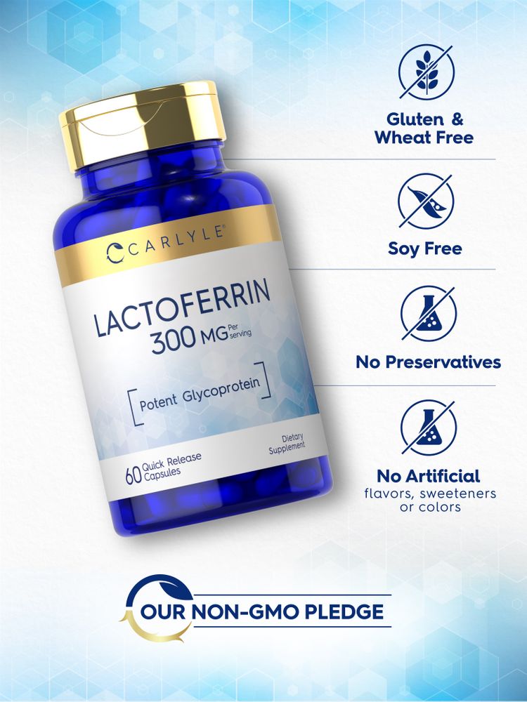 Lactoferrin bottle: Gluten and Wheat Free, Soy Free, No Preservatives, No Artificial Flavors, Sweeteners, or Colors, Non-GMO.