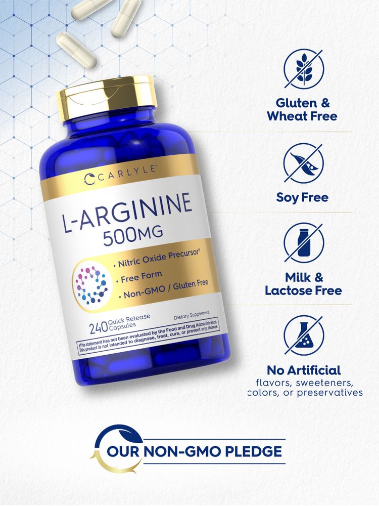 A hand displaying white capsules labeled as L-Arginine 500 mg, shown on a bulk scale.