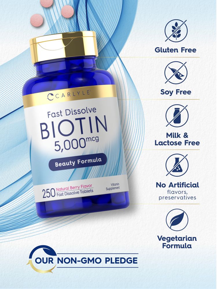Three pink, round Biotin 5000mcg tablets for fast dissolve.