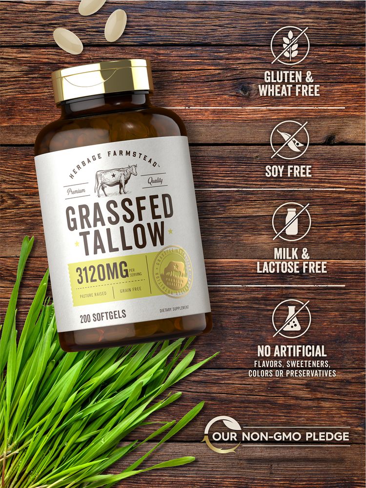 Light yellowish-tan oval softgels, 3120mg per serving, scattered on a dark wooden surface.