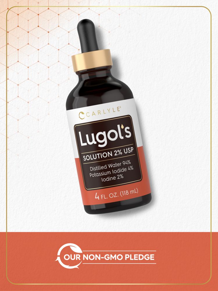 Carlyle Lugol's Solution 2% USP, 4 fl oz (118 mL), contains Distilled Water 94%, Potassium Iodide 4%, and Iodine 2%.