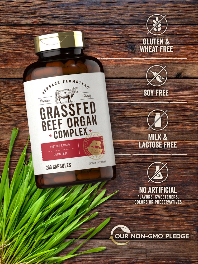 Beef Organ Complex bottle: Gluten & Wheat Free, Soy Free, Milk & Lactose Free, No Artificial Flavors/Sweeteners/Colors/Preservatives, Our Non-GMO Pledge.