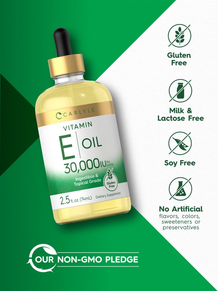 Carlyle Vitamin E Oil 30,000 IU in a 2.5 fl.oz. (74mL) bottle with dropper.