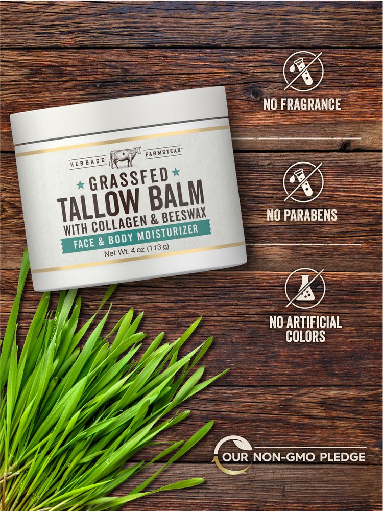 Jar of Tallow Balm: No Fragrance, No Parabens, No Artificial Colors, and Our Non-GMO Pledge.