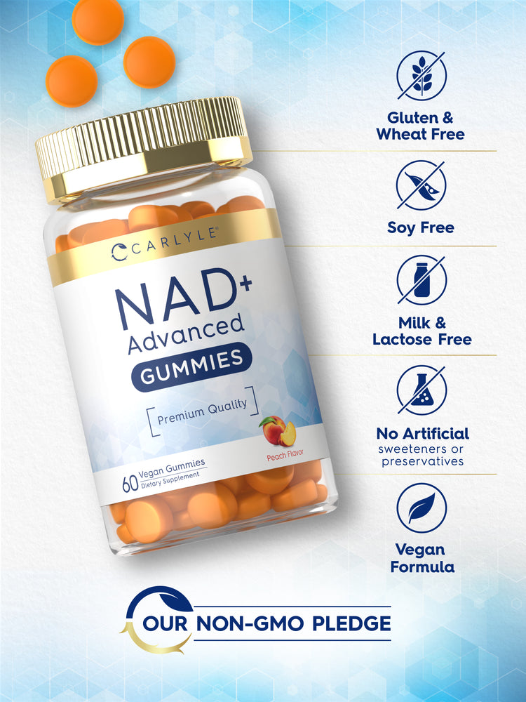 NAD+ Gummies bottle with icons indicating Gluten & Wheat Free, Soy Free, Milk & Lactose Free, Vegan, Non-GMO, No Artificial Additives.