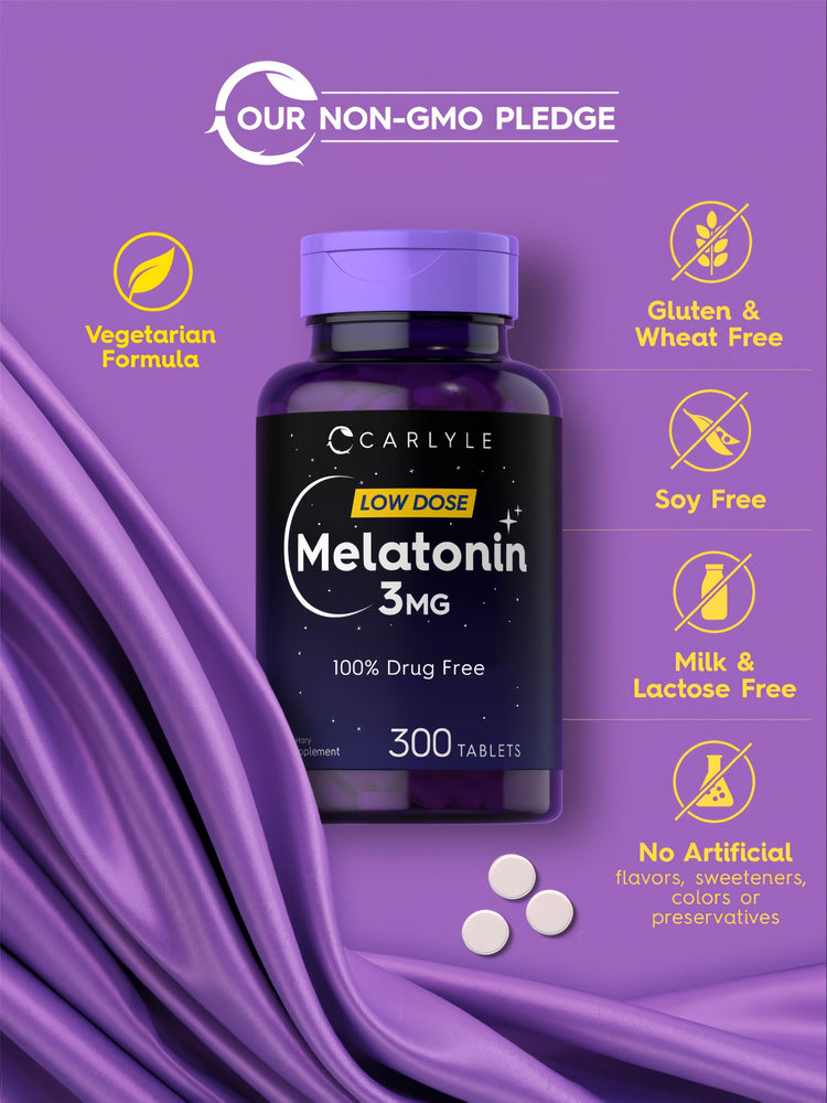 Melatonin bottle: Non-GMO, Vegetarian Formula, Gluten & Wheat Free, Soy Free, Milk & Lactose Free, No Artificial Flavors/Sweeteners/Colors/Preservatives