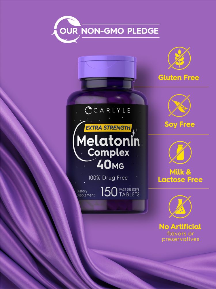 Carlyle Melatonin Complex 40mg bottle containing 150 fast dissolve tablets displayed on a hand scale.