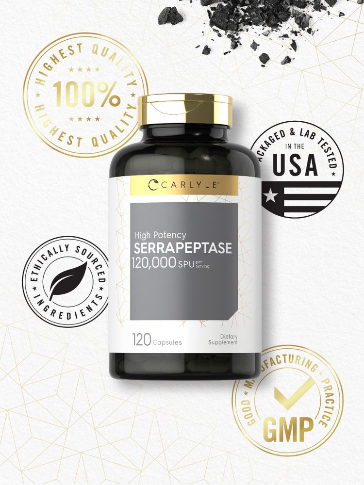 A hand holding a bottle of Serrapeptase 120,000 SPU containing 120 capsules.