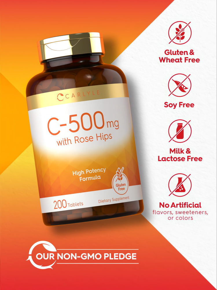 C-500 bottle: Gluten & Wheat Free, Soy Free, Milk & Lactose Free, No Artificial Flavors/Sweeteners/Colors, Gluten Free, Our Non-GMO Pledge.