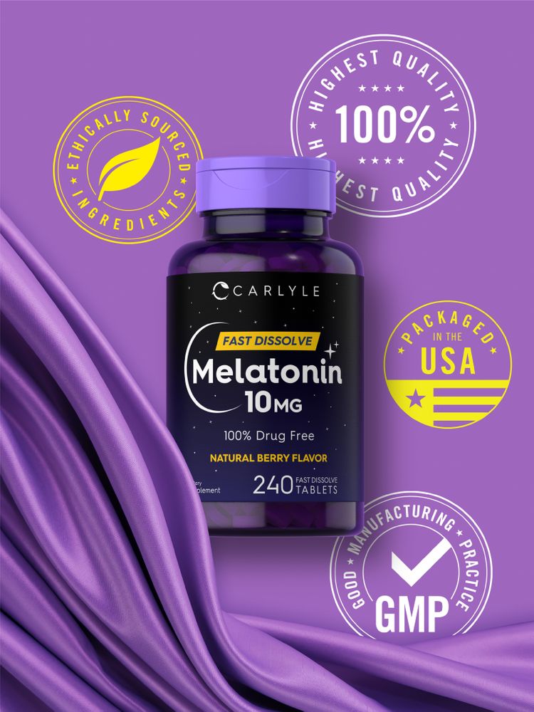 Fast dissolve Carlyle Melatonin tablets, 10 mg, 240 count, shown against hand scale for size comparison.