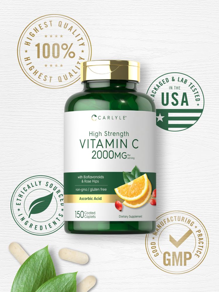 Carlyle Vitamin C 2000 mg Coated Caplets shown on a hand scale, highlighting dosage and packaging for clear size reference.