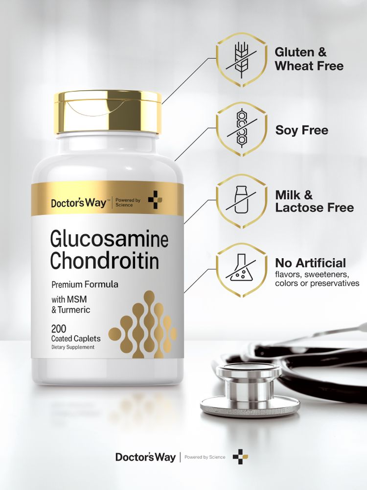 Hand holding a bottle of 200 coated caplets: Doctor's Way Glucosamine Chondroitin with MSM and Turmeric.