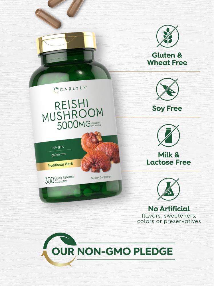 Carlyle Reishi Mushroom 5000mg, 300 quick release capsules bottle with scattered brown capsules on display.