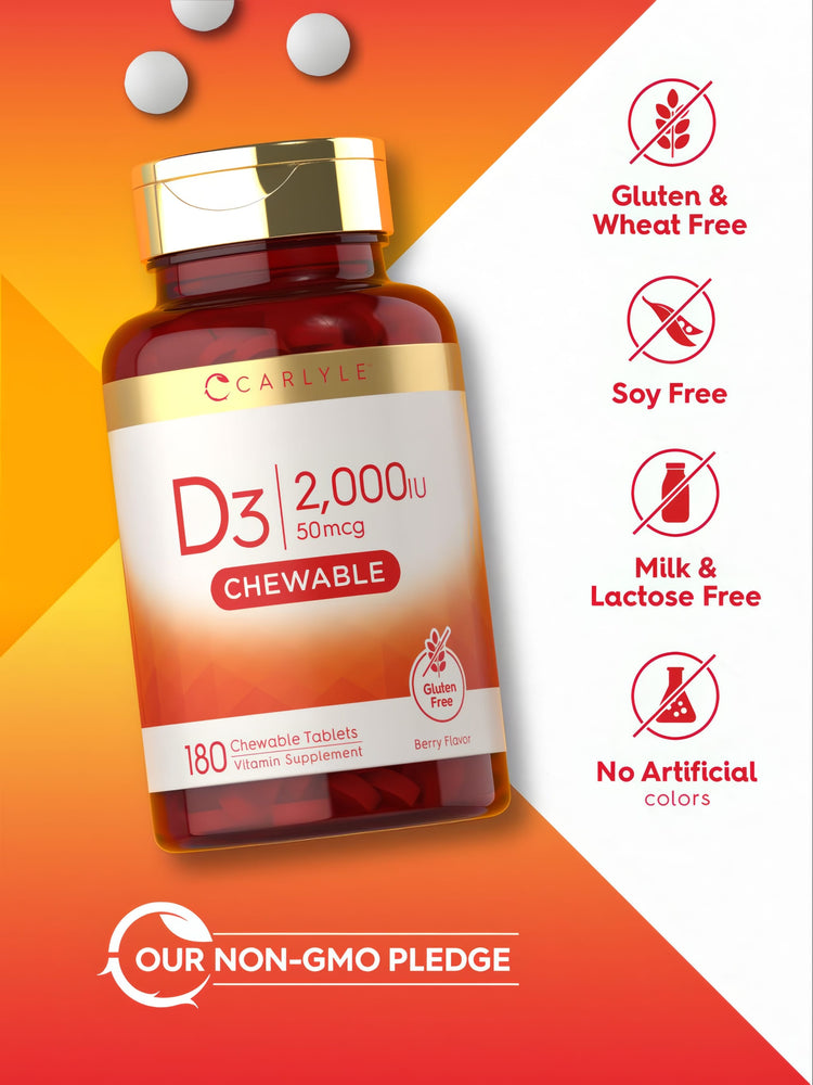 Round Carlyle D3 2,000 IU tablets with a bottle containing 180 chewable tablets.