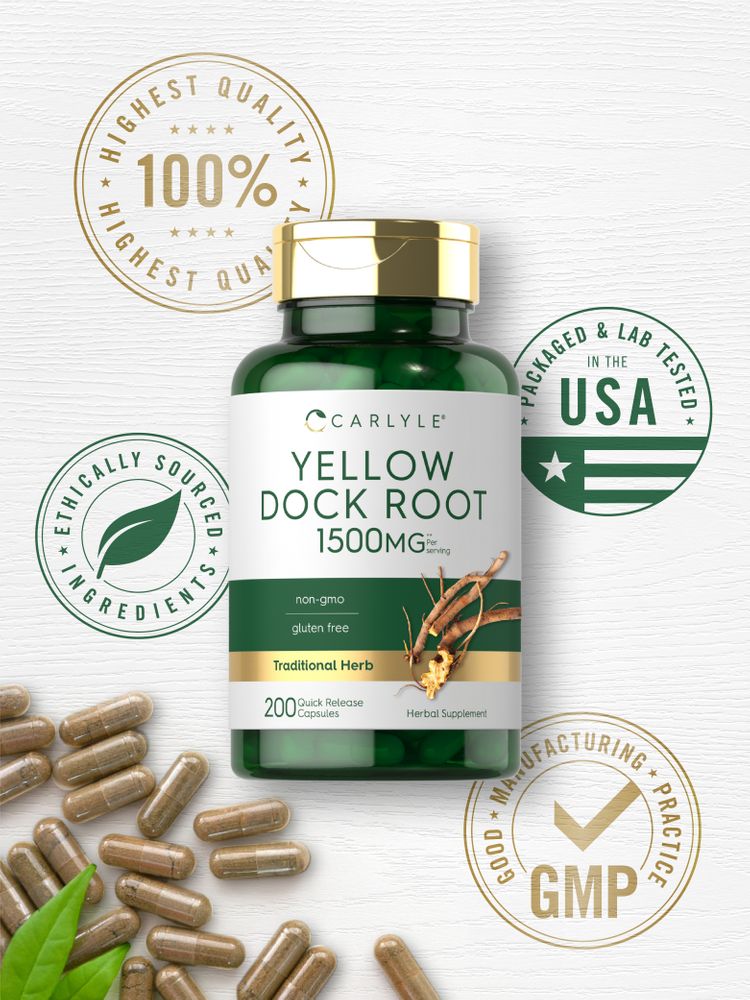 Several Yellow Dock 1500 mg Quick Release Capsules shown on a hand for scale.