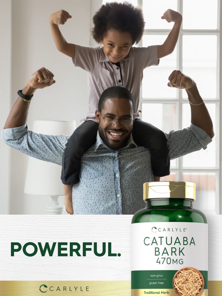 Black man smiling, carrying child on shoulders, flexing muscles, with Carlyle Catuaba Bark bottle labeled 'POWERFUL'.