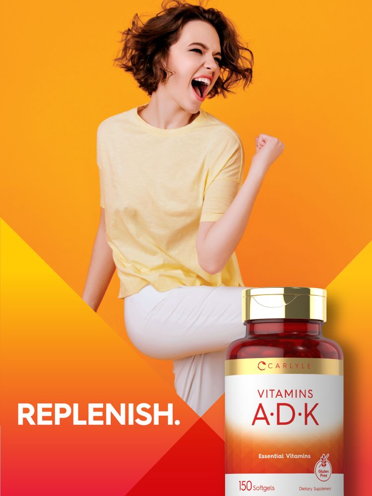 Carlyle Vitamins A, D, and K comes in a bottle with 150 softgels, suitable for bulk purchase and storage.