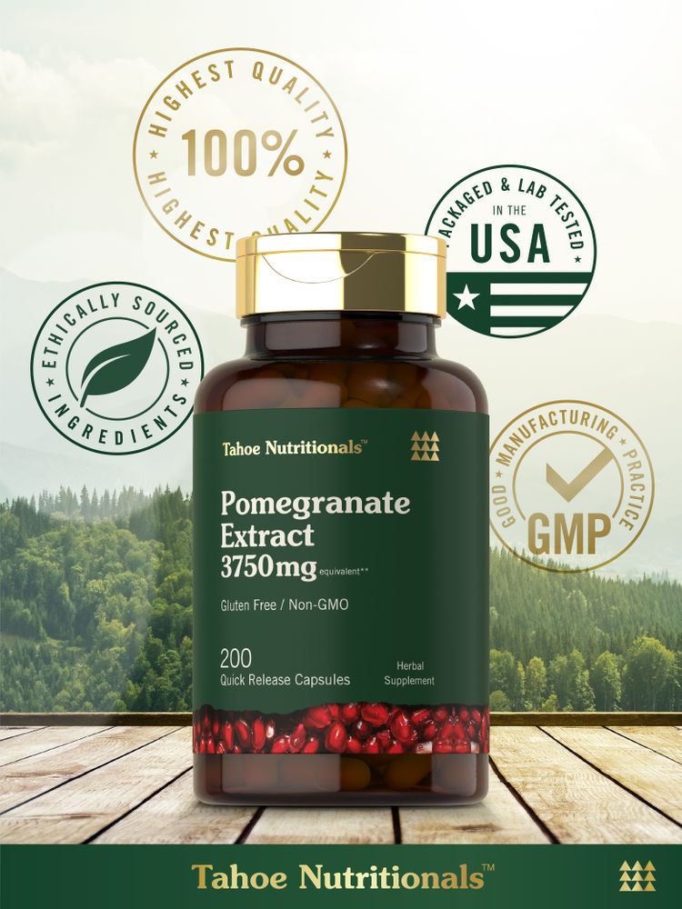 Tahoe Nutritionals Pomegranate Extract 3750mg, 200 Quick Release Capsules in a brown bottle on a hand scale.