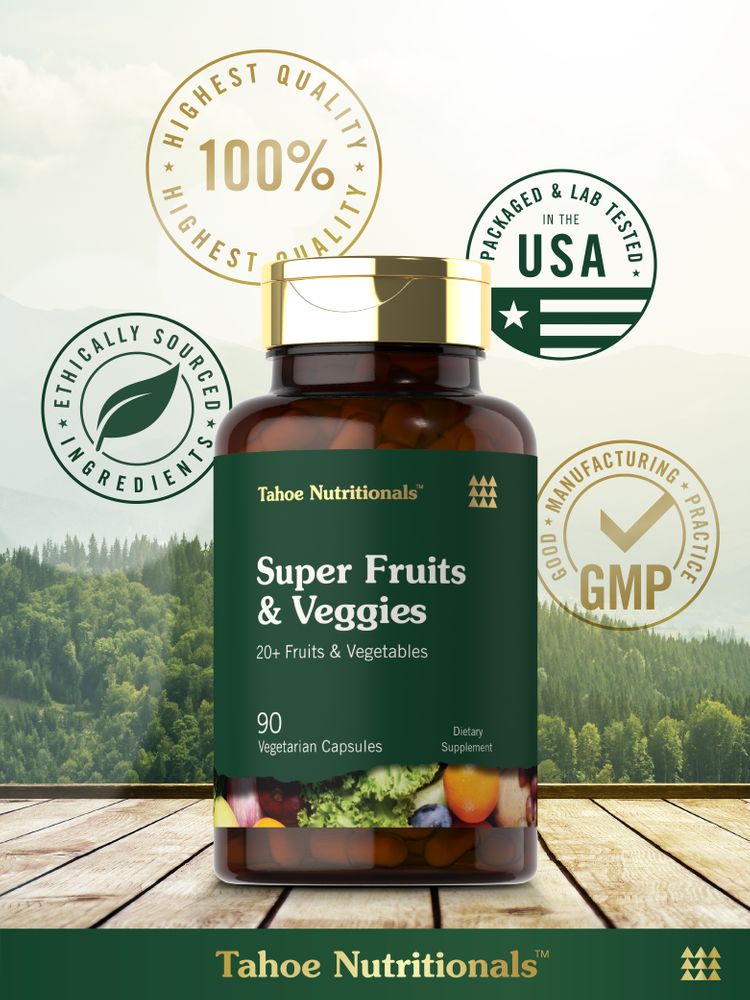 A bottle of Tahoe Nutritionals Super Fruits & Veggies, containing 90 vegetarian capsules, displayed on a bulk scale.