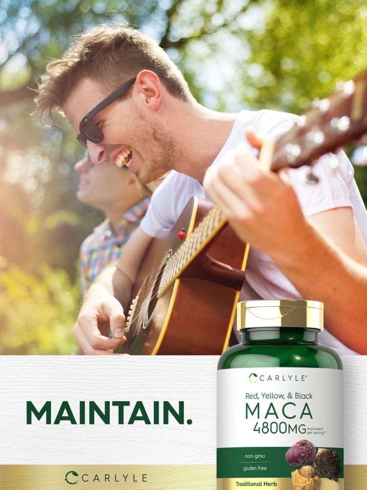 Carlyle Maca 4800mg 180 Capsules bottle, labeled 'non-gmo' and 'gluten free', on bulk scale.
