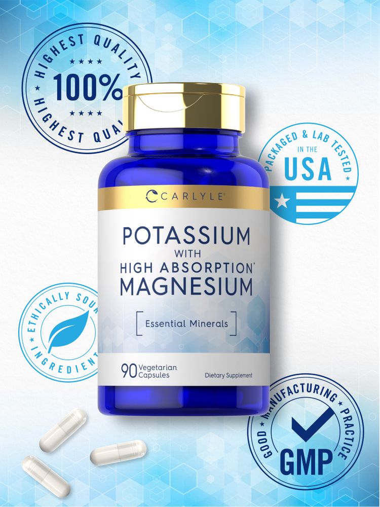 Carlyle Potassium Magnesium 90 Vegetarian Capsules bottle, alongside three loose white capsules.