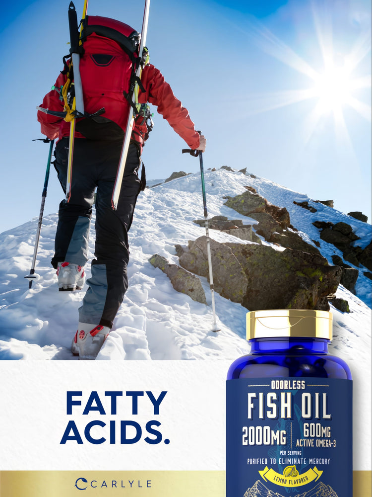 Adult skiing up a snowy mountain, carrying skis and poles, with an Odorless Fish Oil bottle.