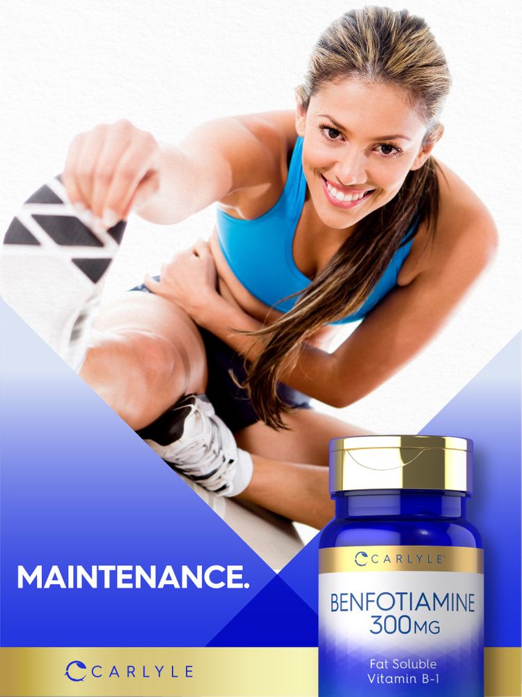 A young adult woman stretches near a Carlyle Benfotiamine bottle, showcasing a fitness lifestyle.