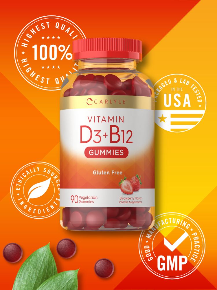 Carlyle Vitamin D3+B12 90 Vegetarian Strawberry Flavor Gummies in a bottle, shown with loose gummies nearby.