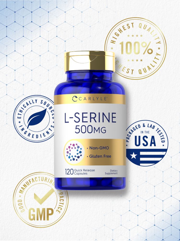 A hand holds a bottle of L-Serine 500 mg, containing 120 quick release capsules, designed for dietary supplement use.
