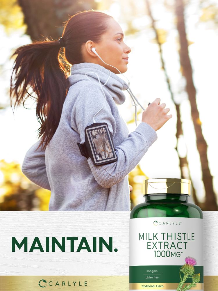 A young woman jogs outdoors next to a Carlyle Milk Thistle Extract bottle.