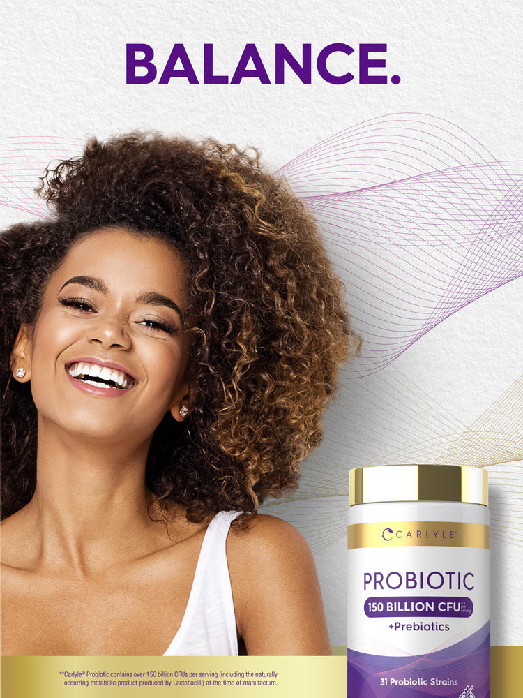 Carlyle Probiotic 150 Billion CFU +Prebiotics 30 Capsules bottle, showing a smiling woman and '31 Probiotic Strains'.