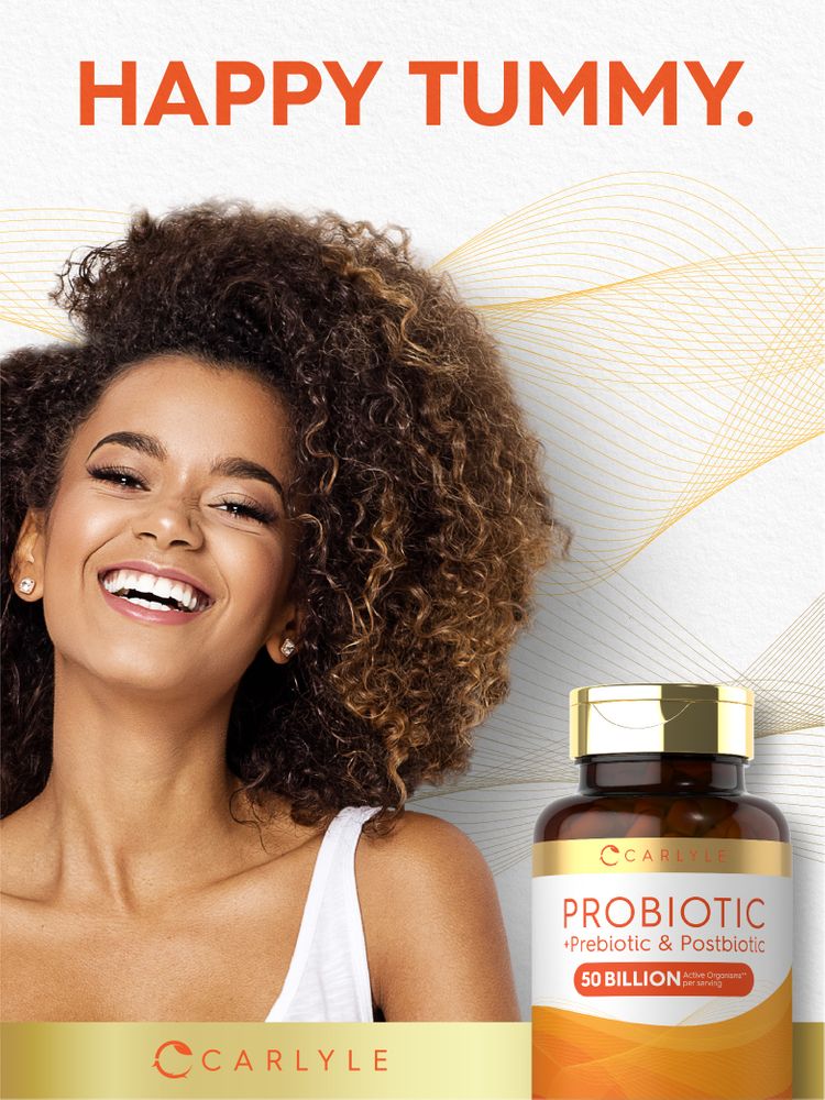 A young woman smiles beside a Carlyle Probiotic bottle with a clear background.