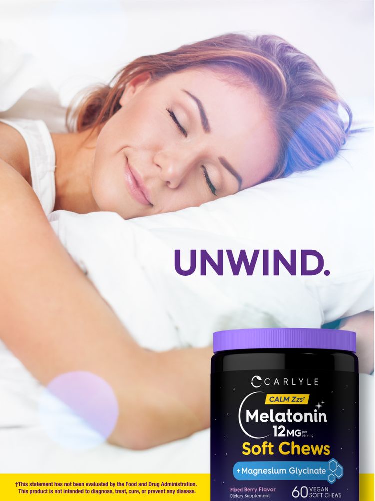 Melatonin 12MG per serving soft chews with Magnesium Glycinate in mixed berry flavor, 60 vegan soft chews included.