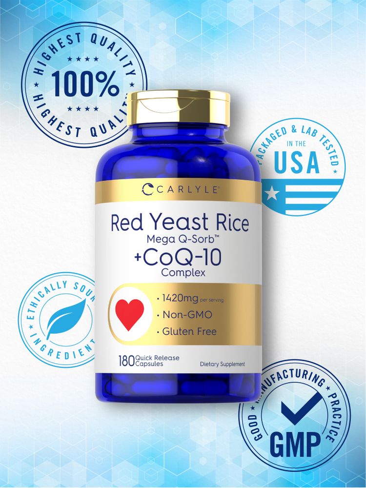 Carlyle Red Yeast Rice + CoQ-10 Complex bottle holds 180 Quick Release Capsules exemplified by a hand for scale.