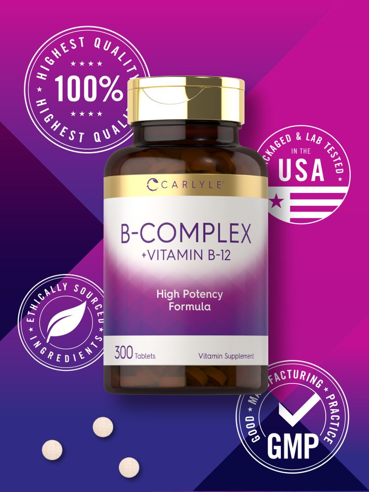 Three small round off-white B-Complex + Vitamin B-12 tablets on a purple and pink gradient background.
