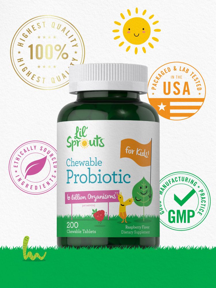 Lil' Sprouts Chewable Probiotic, 200 tablets, 6 billion organisms per serving, raspberry flavor, on hand scale.