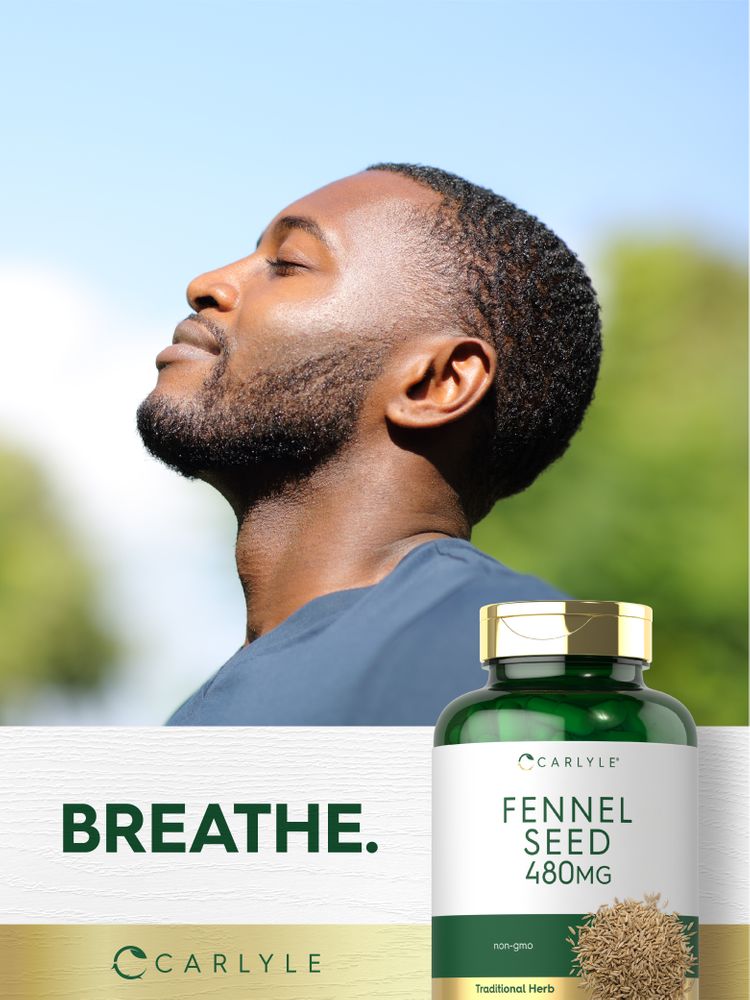 Carlyle Fennel Seed 480 mg capsules bottle with loose fennel seeds scattered around it.