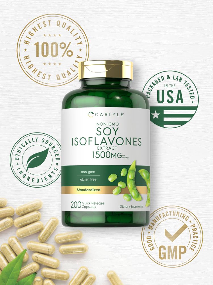 200 light tan capsules with green leaves beside a Soy Isoflavones bottle.