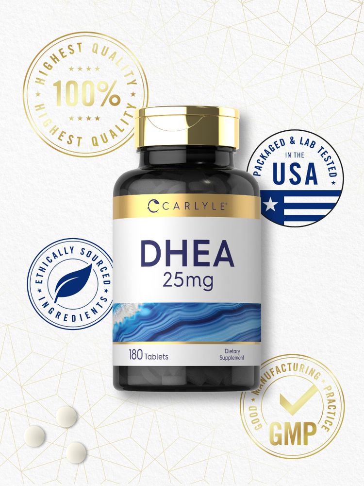 Three white tablets labeled DHEA 25mg are displayed on a surface.