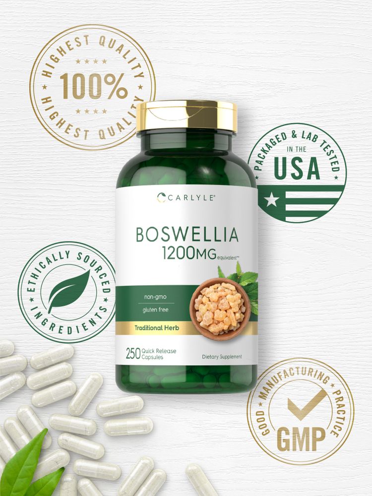 White 1200mg Boswellia 250 Quick Release Capsules are scattered on a white surface.